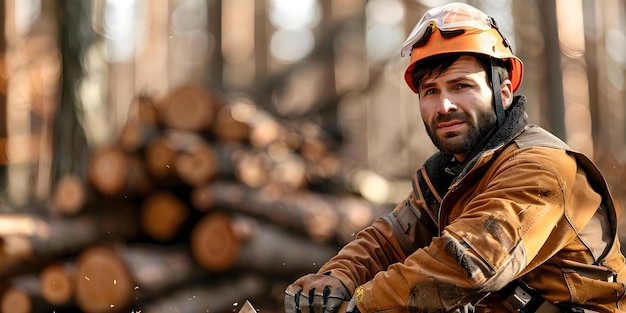 Photo focused caucasian lumberjack wearing protective gear chopping wood in the forest concept outdoor photoshoot lumberjack wood chopping forest protective gear