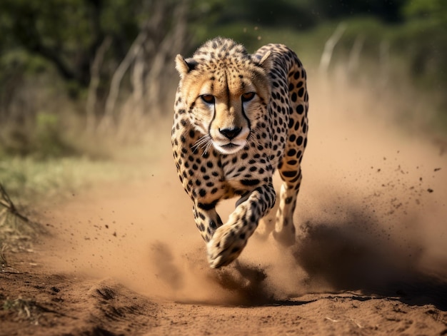 Focused cheetah in full sprint dust trailing around