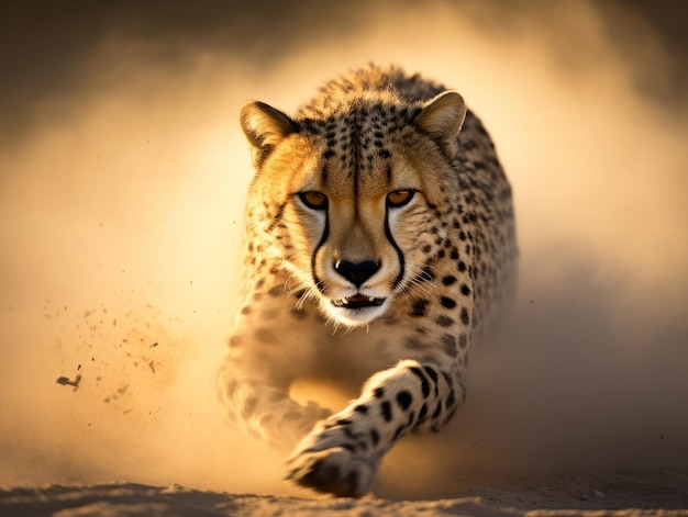 Focused cheetah in full sprint dust trailing around