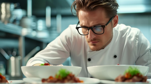 Photo a focused chef in a professional kitchen is meticulously garnishing a dish ensuring each element is perfectly placed for service