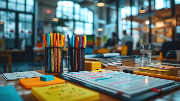 Focused closeup of vibrant markers and planning tools on a desk in a modern office environment