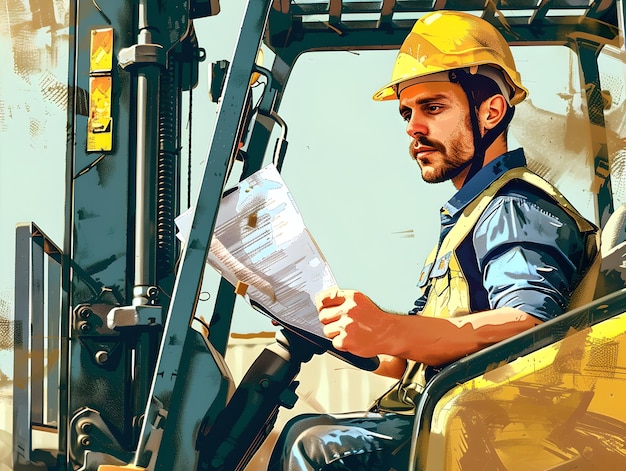 Focused construction worker reviewing plans in forklift Safety gear visible Industrial theme Authentic scene Generative AI