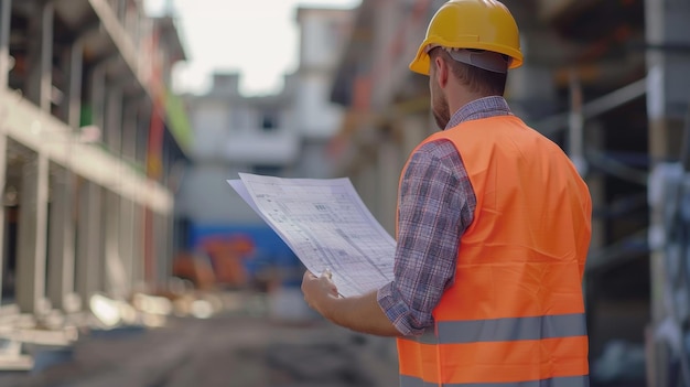 A focused construction worker wearing a hard hat examines blueprints at a construction site