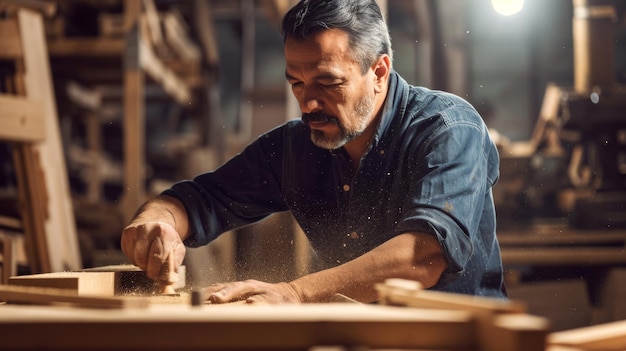 focused craftsman planning wood in a workshop with wood shavings flying around