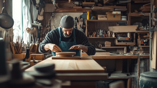 Photo focused craftsman working on wooden project in a workshop