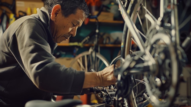 A focused craftsman works on a bicycle in a cluttered workshop surrounded by various tools and parts under warm lighting