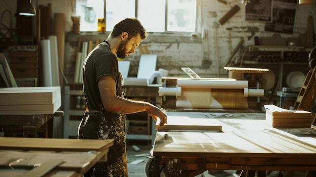 A focused craftsman works diligently in his sunlit workshop skillfully shaping wood on a workbench surrounded by tools and materials