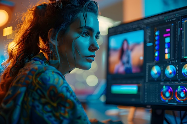 Photo focused creative a woman editing video in a colorful workspace