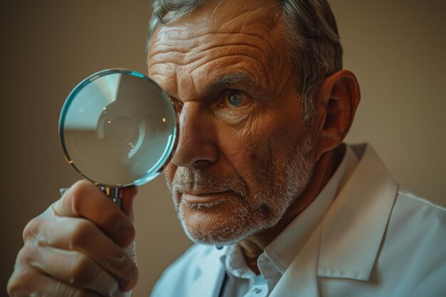 Photo focused dermatologist examines skin closely with a magnifying glass