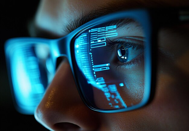 Focused Developer s Eye with Digital Code Reflected on Glasses Capturing Precision and Innovation