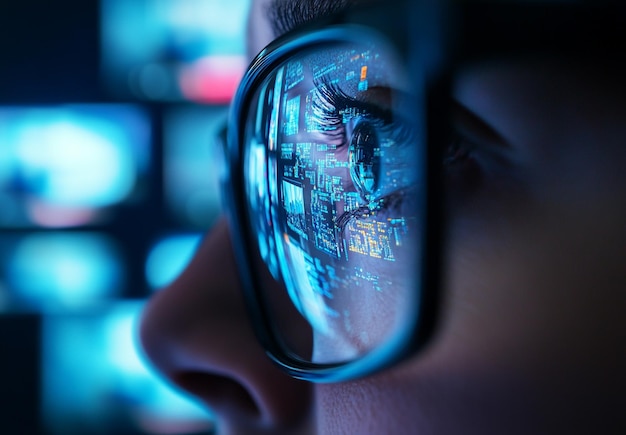 Focused Developer s Eye with Digital Code Reflected on Glasses Capturing Precision and Innovation