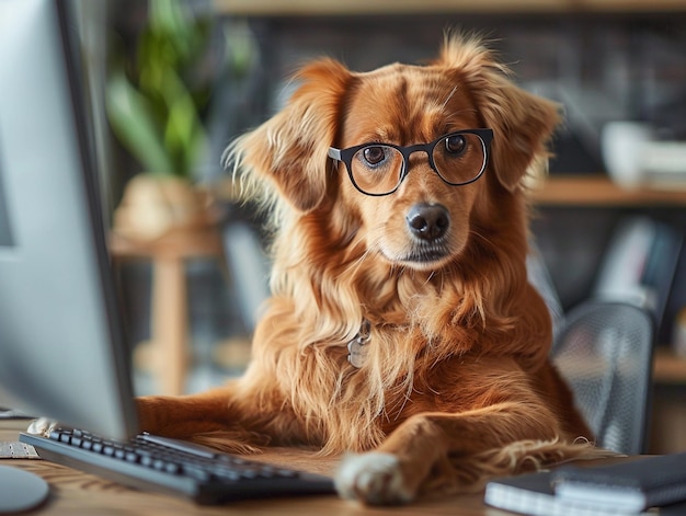 Focused Dog with Glasses at Computer