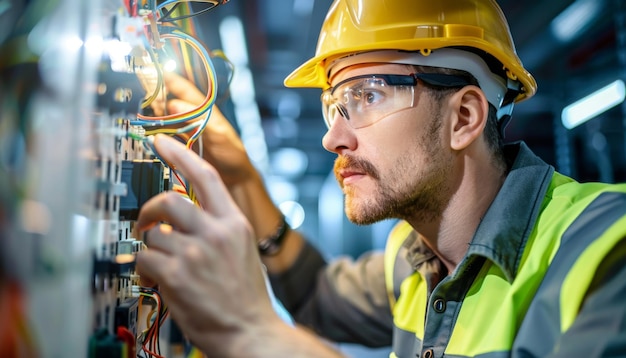 A focused electrician in safety gear working on electrical wiring in an industrial setting