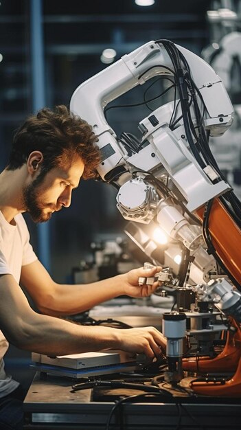 Photo focused engineer repairing robotic arm in industry