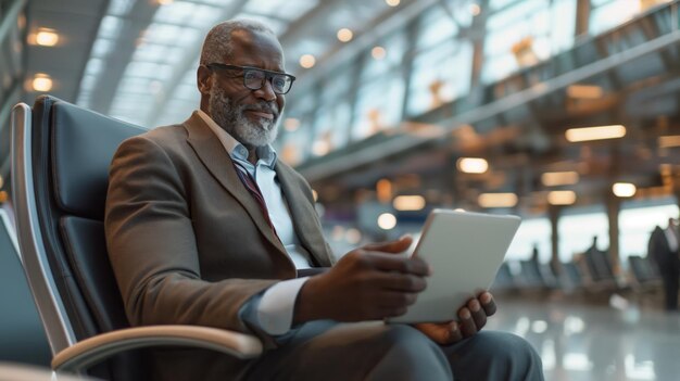 Focused executive conducts market research on his tablet while waiting in an airport lounge