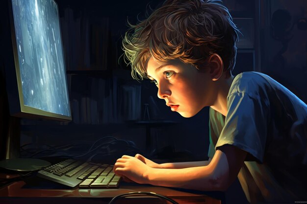 Focused Explorer Intensely Engaged Boy Glued to the Computer Screen Generative AI