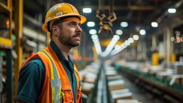 A focused factory worker in safety gear observes the production line in a brightly lit industrial facility