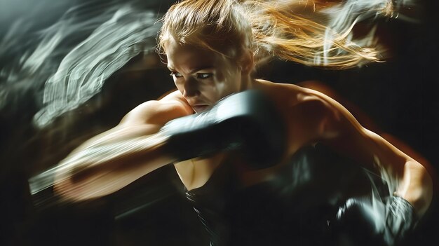 Photo focused female boxer delivering a punch with speed and precision in dynamic motion