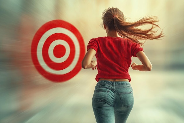 Photo focused female employee racing toward target precision and strategy in goal achievement