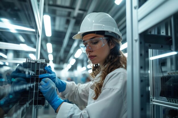 Photo focused female engineer inspecting equipment in industrial setting