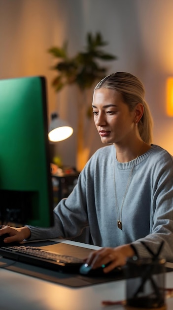 Focused Female Fashion Designer Using Keyboard and Modelling on Desktop Computer with Green Screen