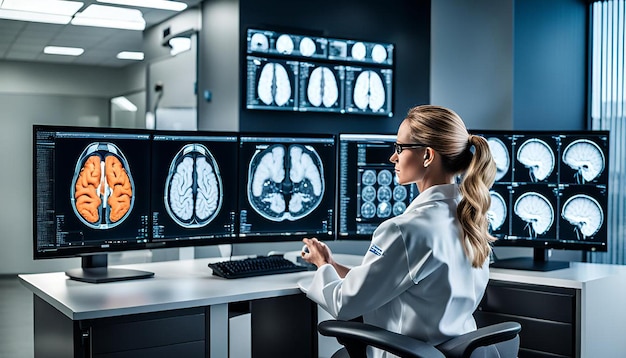 A focused female medical professional reviews detailed brain scans on advanced monitors in a hightec