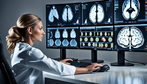 A focused female medical professional reviews detailed brain scans on advanced monitors in a hightec