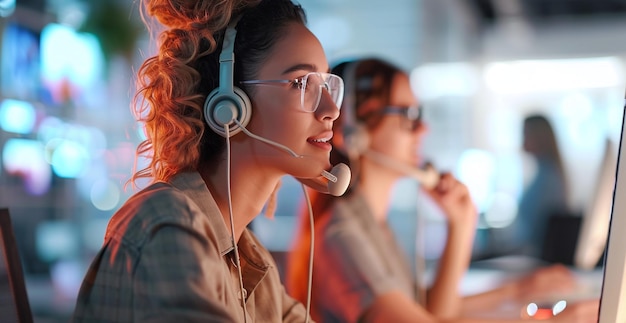 Focused female professional with headset working at computer in modern office environment