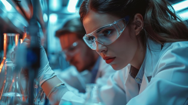 A focused female scientist in a lab coat and safety goggles carefully observes