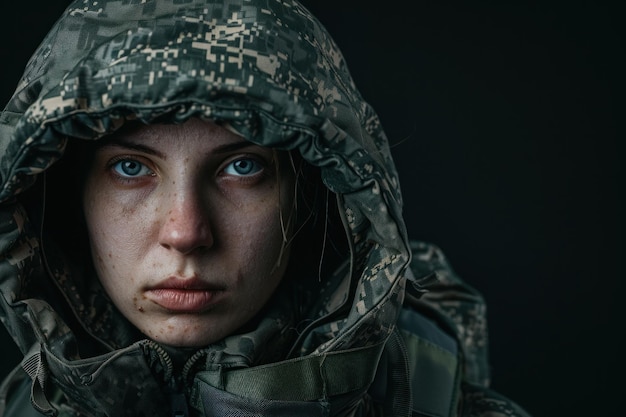 Focused female soldier in camouflage jacket portrayed in a closeup portrait against a dark backdrop emanating determination and resilience