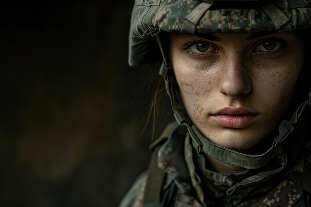 Focused female soldier in camouflage uniform exuding determination and strength in a closeup portrait against a blurred background