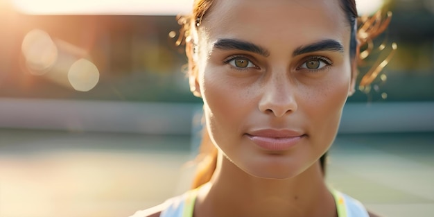 Focused Female Tennis Player on Sunny Outdoor Court Concept Sports Photography Tennis Player Outdoor Photoshoot Athletic Portraits Female Athlete