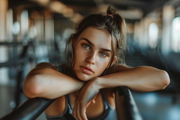 Photo focused fit woman in sportswear displaying strength and determination during intense workout session