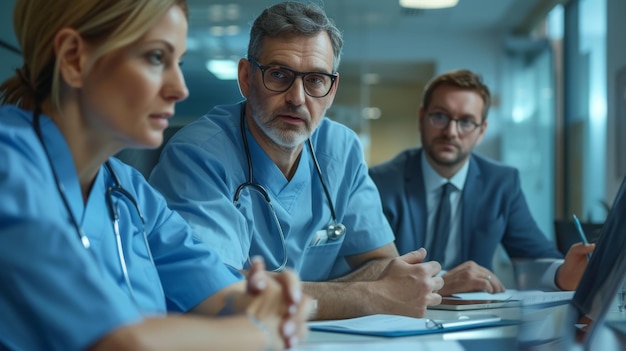 focused group of medical professionals engaged in a serious discussion possibly during a team meeting or conference