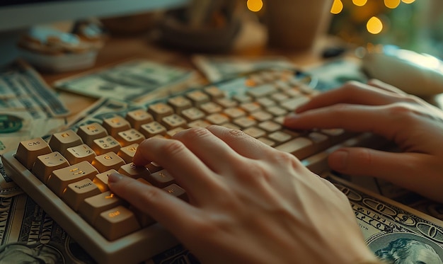 Focused Hands Typing on DollarThemed Keyboard