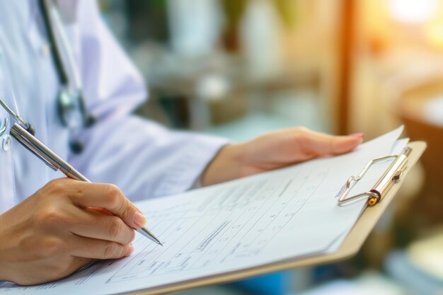 Photo a focused healthcare professional reviewing medical records on a clipboard