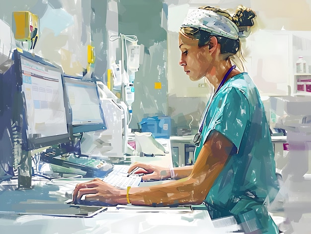 Focused Healthcare Professional Working at Computer Station in Modern Hospital Setting Medical Staff Digital Workflow Painted Illustration Style Generative AI