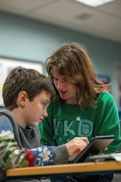 A focused image of a student using a speechtotext device to complete an assignment with a supportive teacher nearby demonstrating accommodations for students with communication disabilities