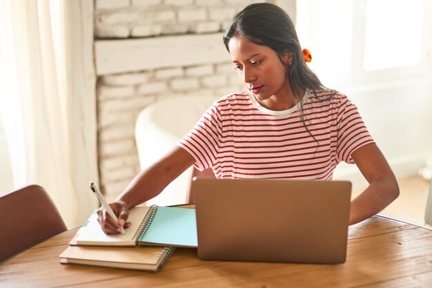 Photo focused indian student working on laptop at home