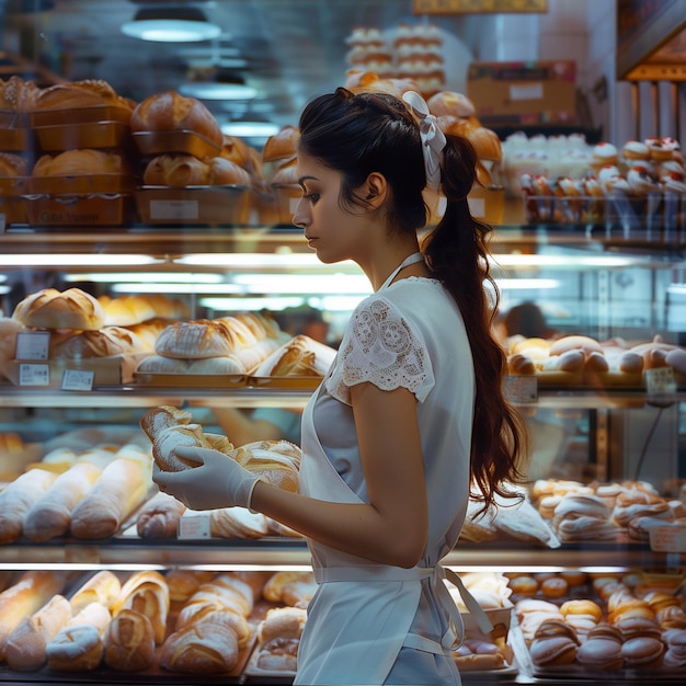 Focused Indian woman with long dark hair works in bakery amidst bread displays exuding professionali