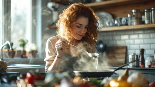 A focused individual is cooking in a sunlit kitchen