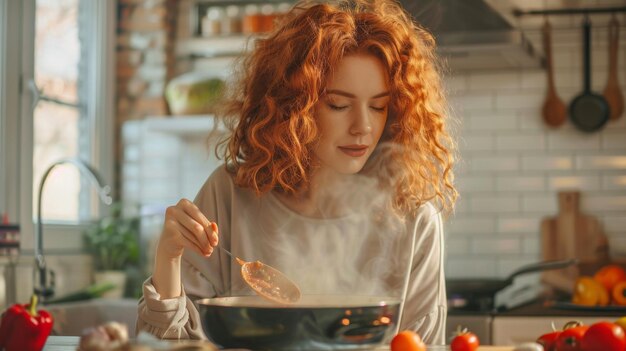 A focused individual is cooking in a sunlit kitchen