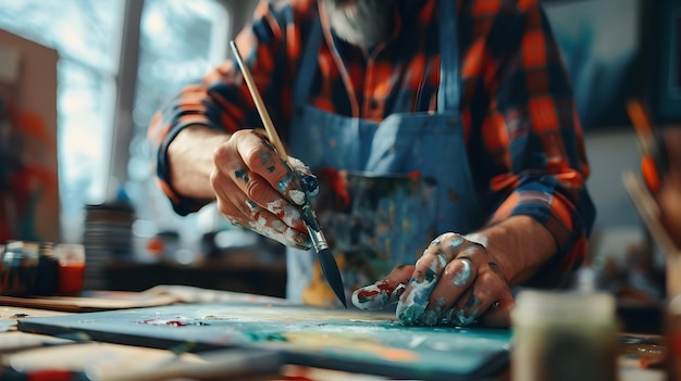 Focused Individual Showcasing Determination While Working on a Creative Project at Desk