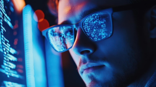 A focused individual studies complex codes on a computer screen in a dimly lit tech workspace during the evening hours