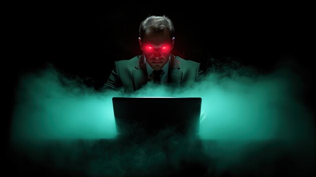 Photo a focused individual in a suit stares at a laptop their eyes glowing red amidst a cloud of fog in a dimly lit setting