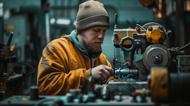 A focused individual tinkers with machinery