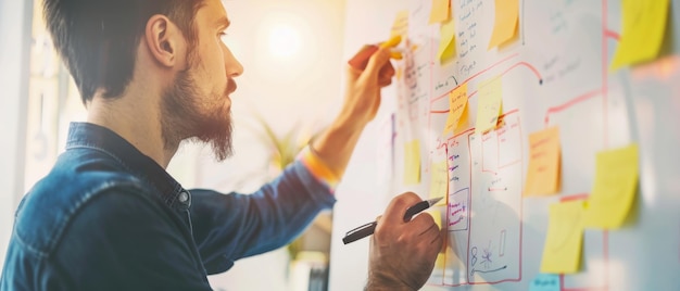 Photo a focused individual writes with a marker on a whiteboard filled with colorful sticky notes illustrating a creative brainstorming session