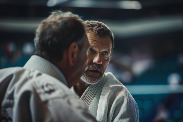 Focused Judo Coach Giving Final Instructions to Athlete Before Olympic Match