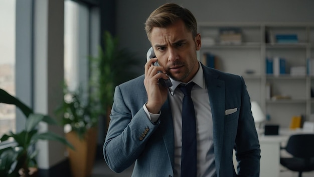 Focused Male Entrepreneur Talking on Phone with Client in Office