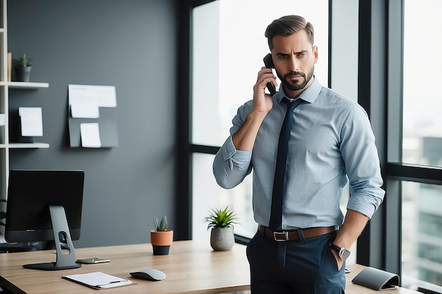 Focused Male Entrepreneur Talking on Phone with Client in Office